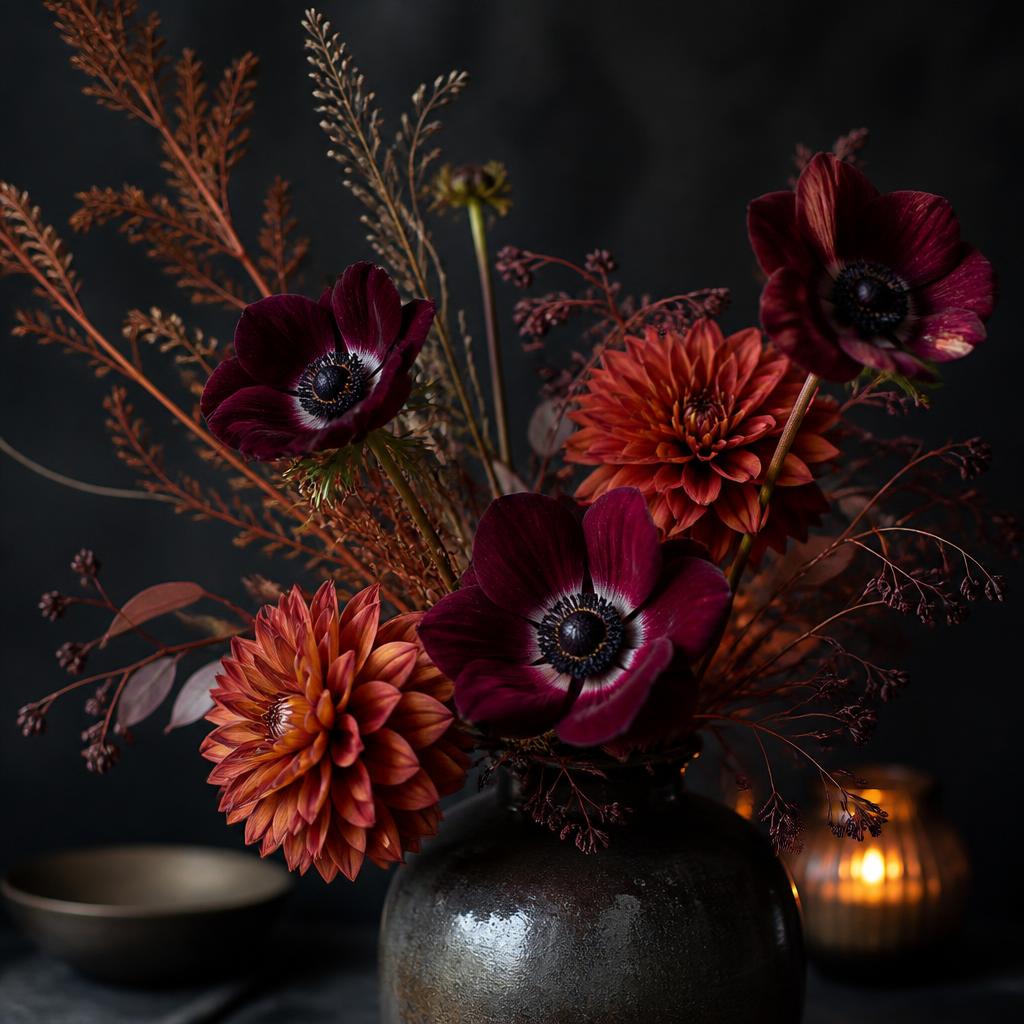 Burgundy anemones and rust dahlias