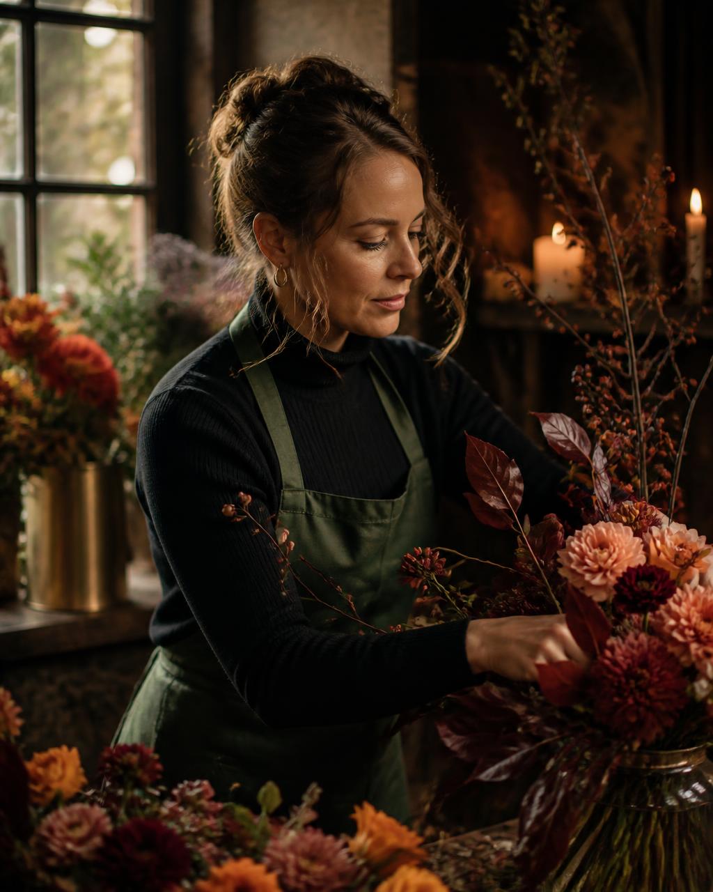 Founder Sophie arranging autumn flowers