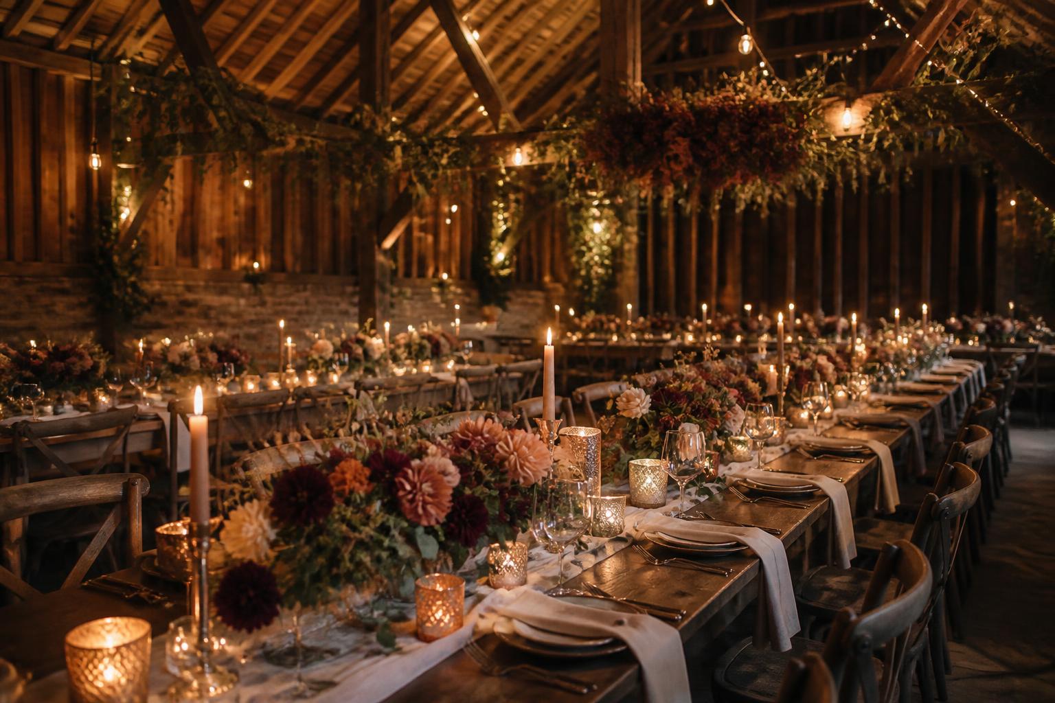 Candlelit barn reception with autumn flowers